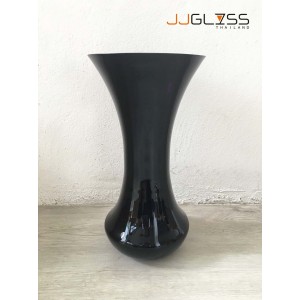 BLACK-H0925-40TL - แจกันแก้ว แฮนด์เมด สีดำ ทรงเว้า ปากบาน ความสูง 40 ซม.